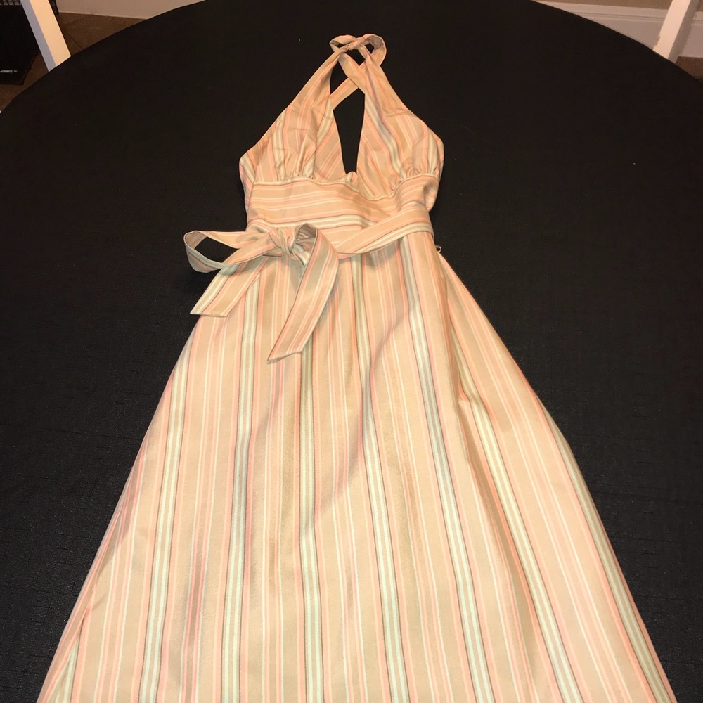 Striped A-line Dress - pink, tan and blue.